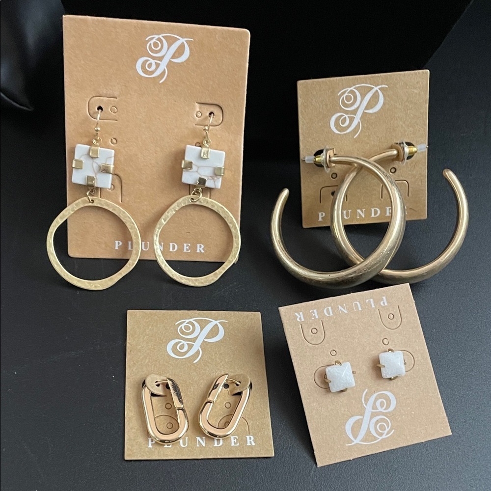 Plunder Design Jewelry Earring Bundle of 4 White Stone and Gold Tone Earring Set